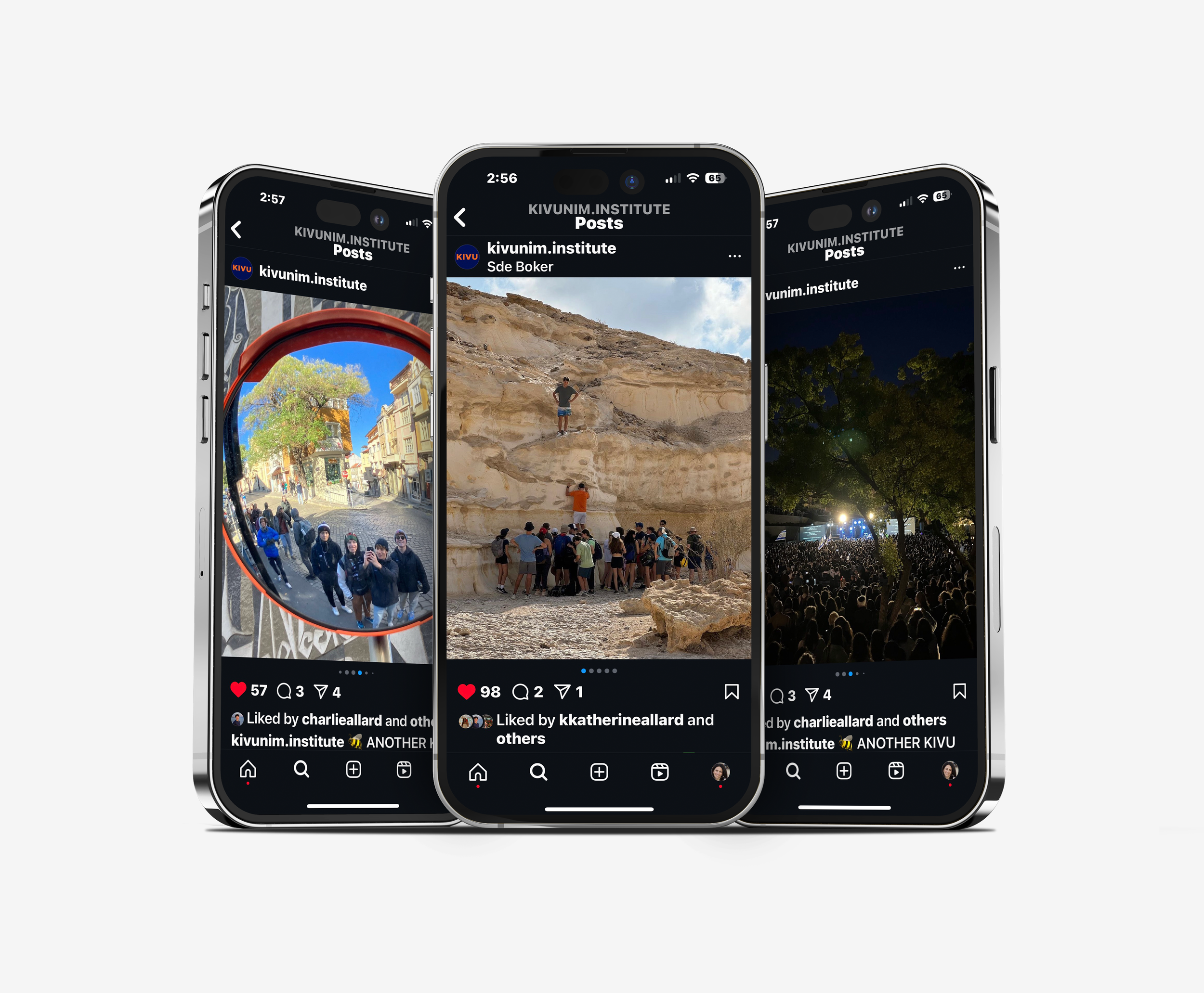 Three smartphones displaying social media posts with images of people and outdoor scenes, including a busy city street, a large group at a rock climbing site, and a nighttime concert.