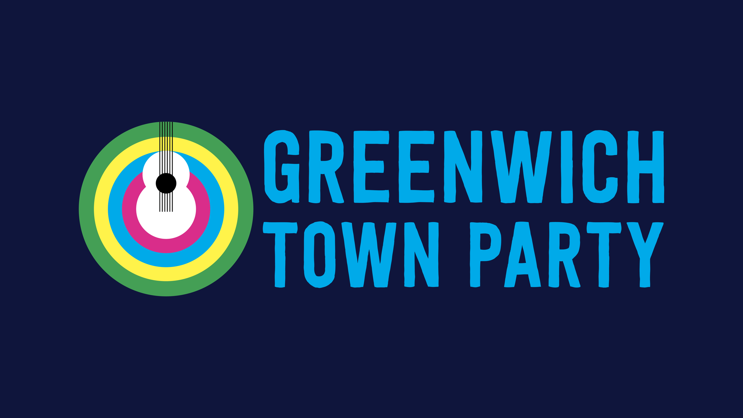 Greenwich Town Party logo featuring a multicolored concentric circle target with a white guitar silhouette in the center on a dark blue background, with the text 'GREENWICH TOWN PARTY' in blue capital letters to the right.