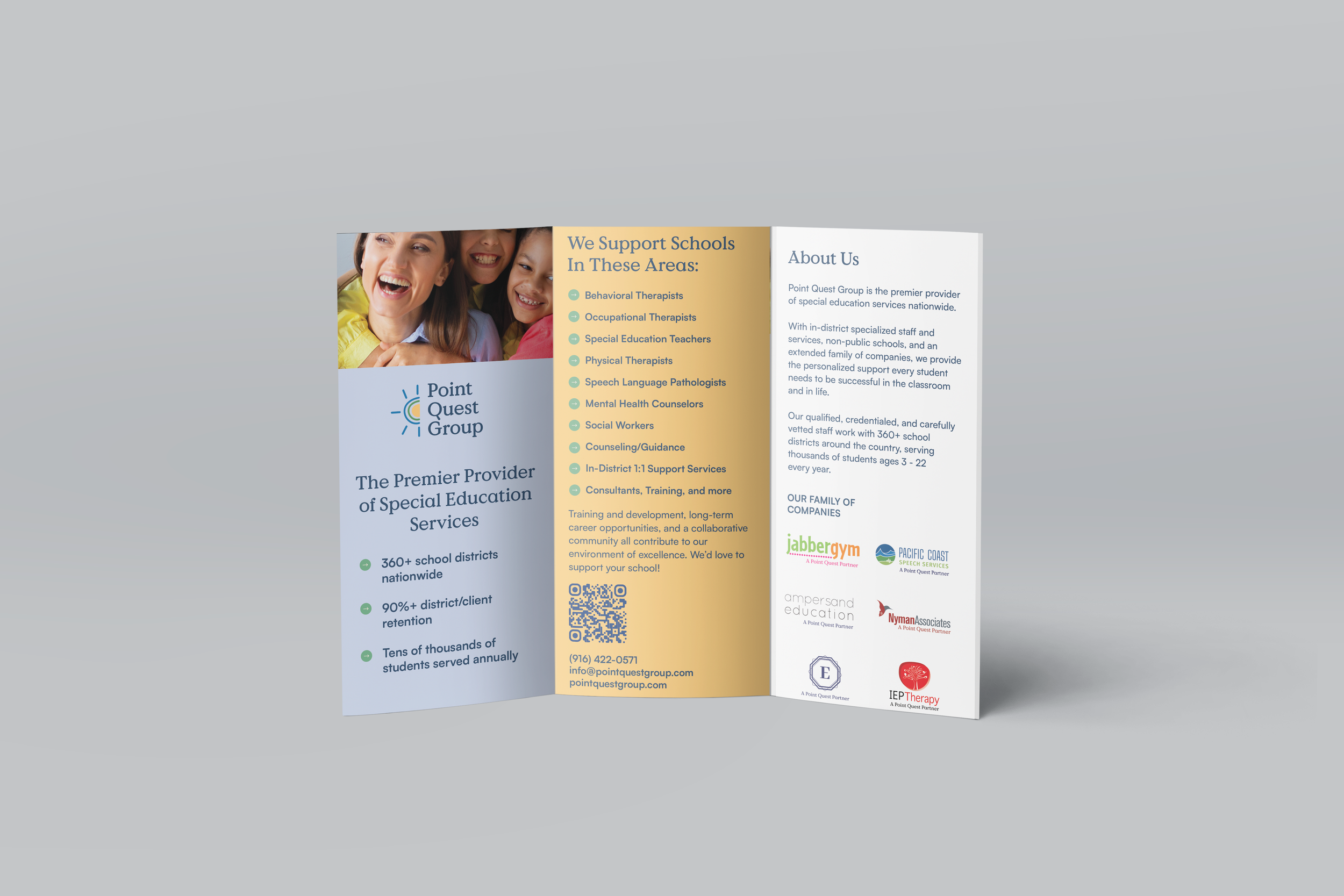 Tri-fold brochure for Point Quest Group, a provider of special education services, with images of smiling children and logos of associated companies.