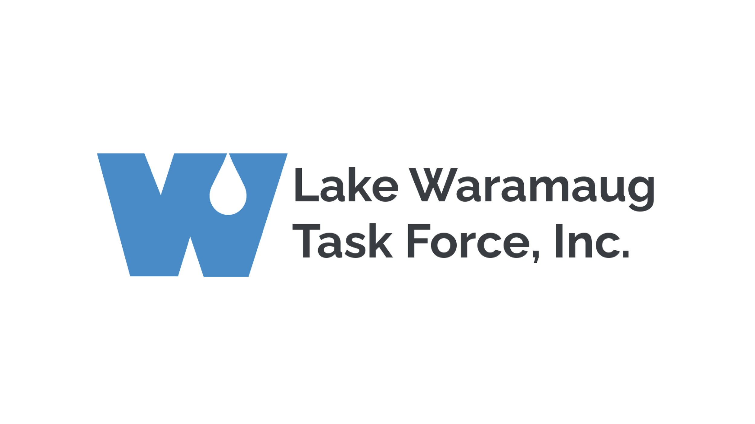 Logo for Lake Waramaug Task Force, Inc., featuring a stylized blue W with a water droplet shape in the center and the organization name next to it.