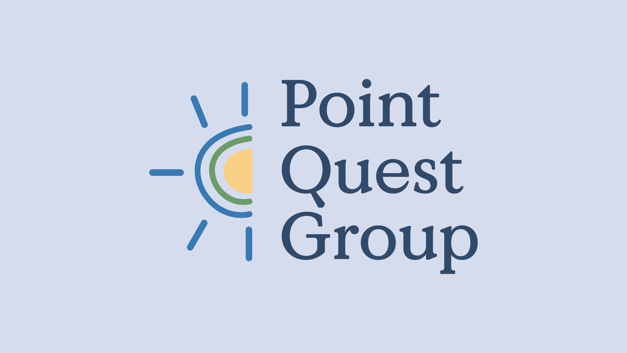 Logo for Point Quest Group featuring a stylized eye with rays and a colorful half circle, accompanied by the text 'Point Quest Group' in dark blue.