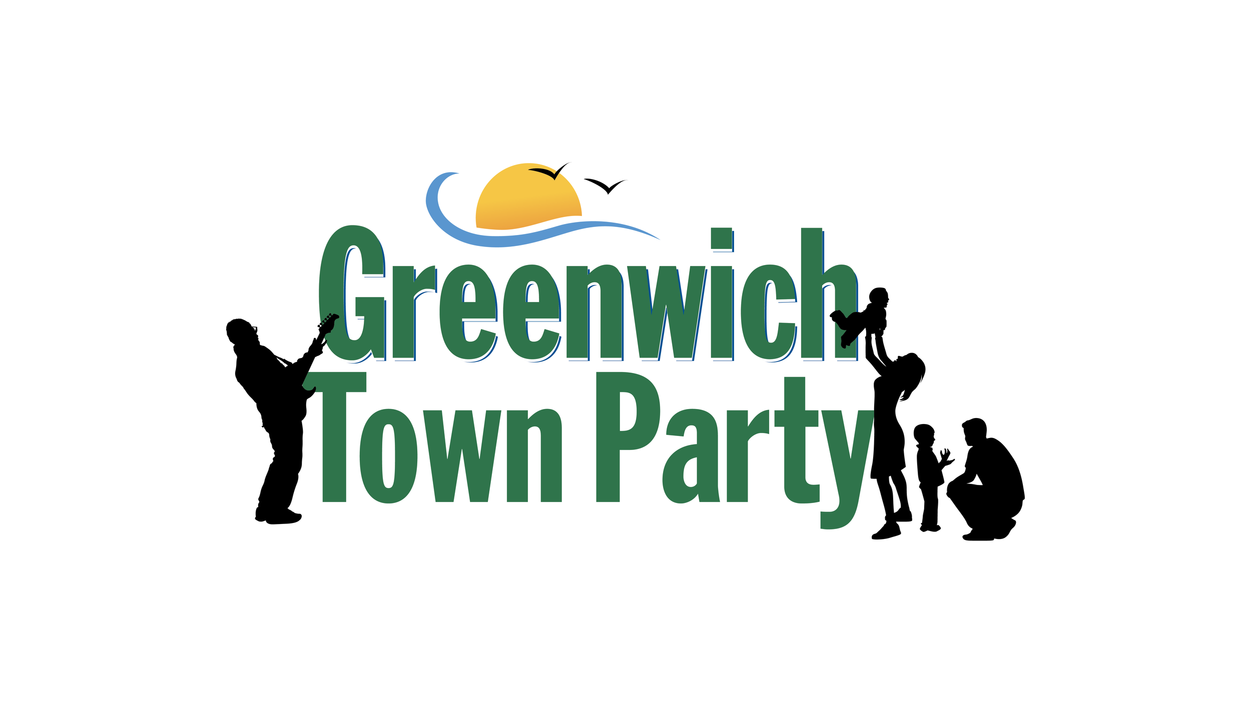 Silhouettes of people at a Greenwich town party with a sunset, birds, and waves in the background. Some people are holding a guitar, children are playing, and an adult is lifting a child.