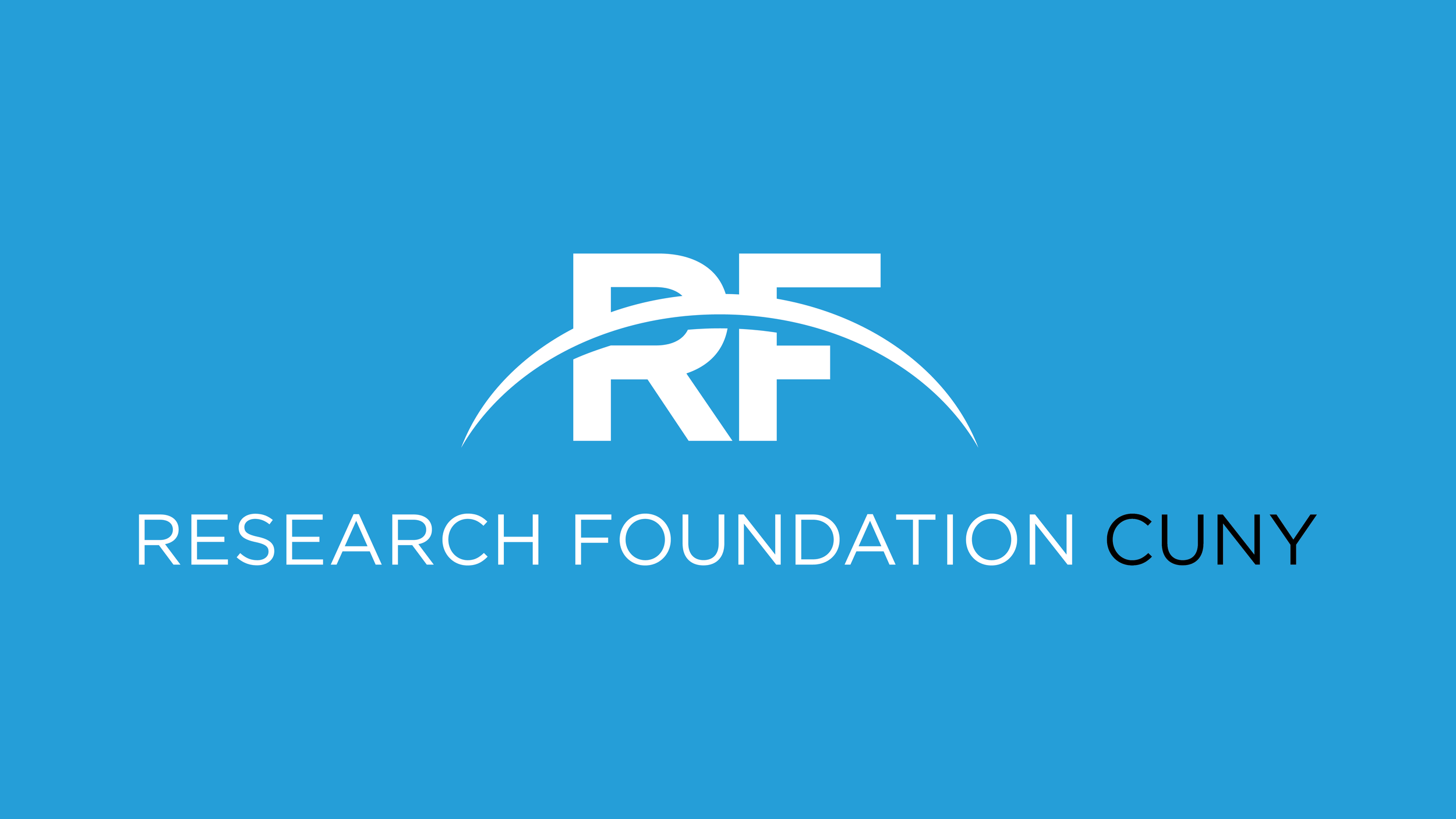 Logo of Research Foundation CUNY with a blue background, white text, and a stylized