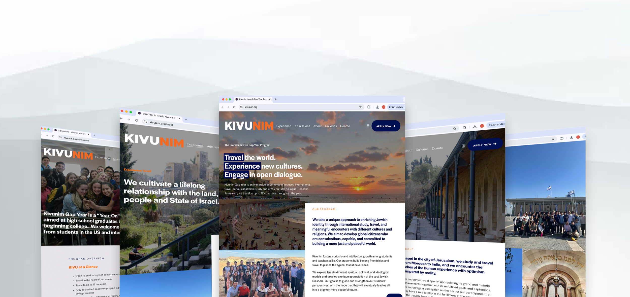 Multiple overlapping browser windows on a webpage about KIVUNIM, an international Jewish youth program, featuring images of groups of young people, a sunset, a building with arches, and flags, with text highlighting travel, experience, and dialogue.