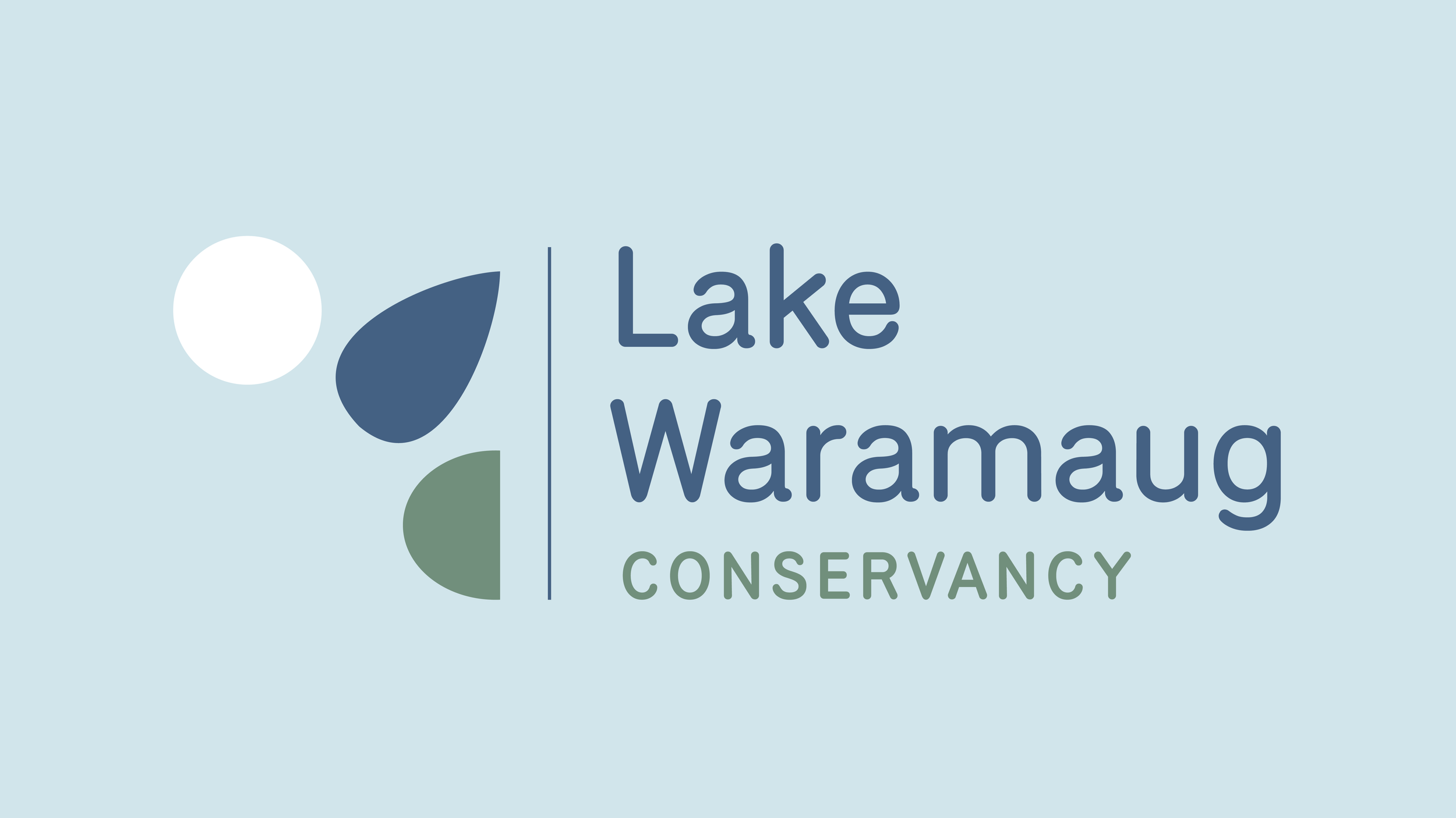 Logo of Lake Waramaug Conservancy with abstract shapes of a moon, a blue leaf, and a green half circle on a light blue background.