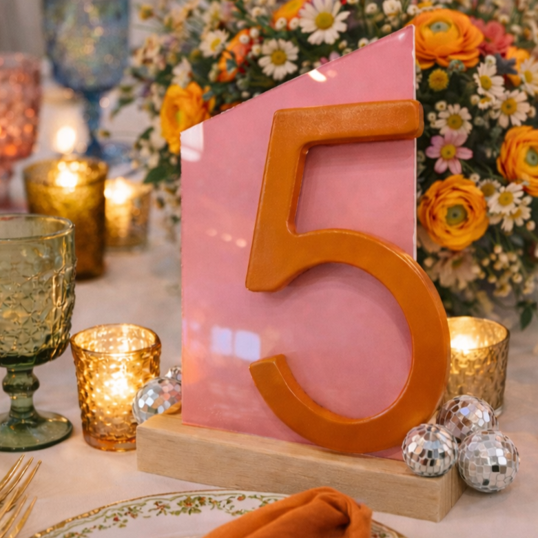 Retro Table Number: Painted Wood & Acrylic