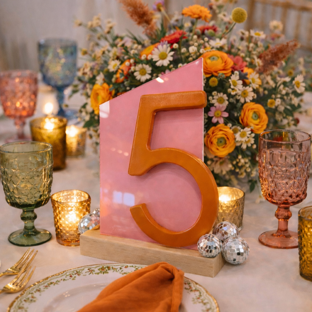Acrylic table numbers, custom colors with colorful floral arrangement and vintage glassware in Chester County, PA