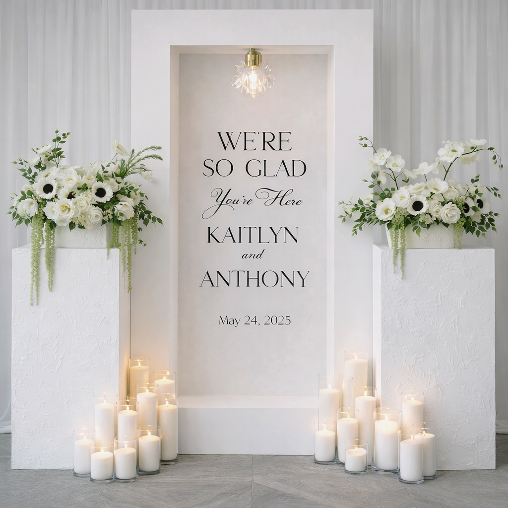 Freestanding wedding welcome sign reading "We’re so glad you're here" and illuminated by glass light fixture with two pedestals on either side, accented with modern floral arrangements and pillar candles in glass vases in Chester County, PA