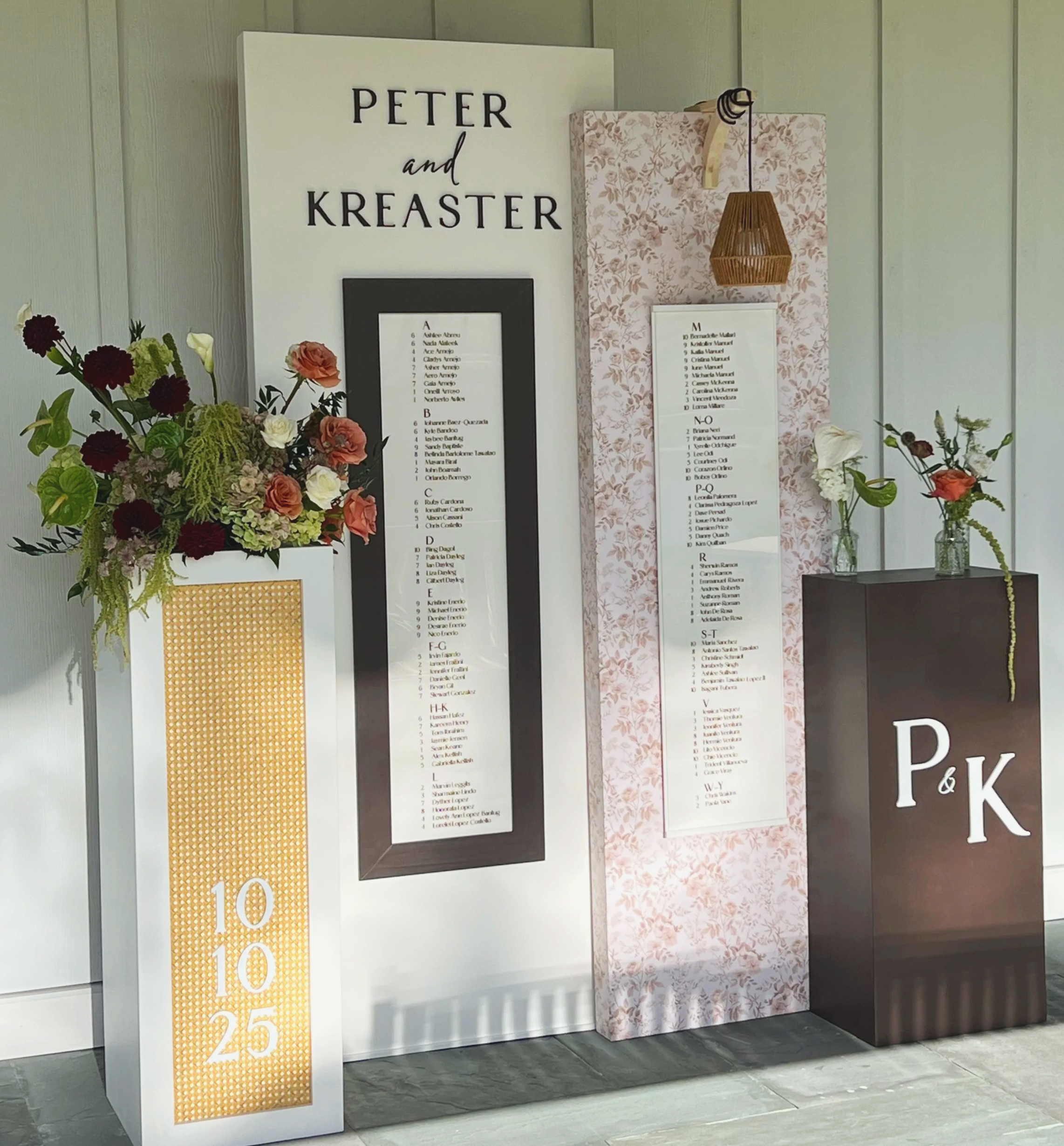 Luxury freestanding wedding seating chart installation with floral wallpaper, rattan pedestal, names and initials, decorated with elegant flowers, a rattan pendant light, seat assignment display setup in Chester County, PA