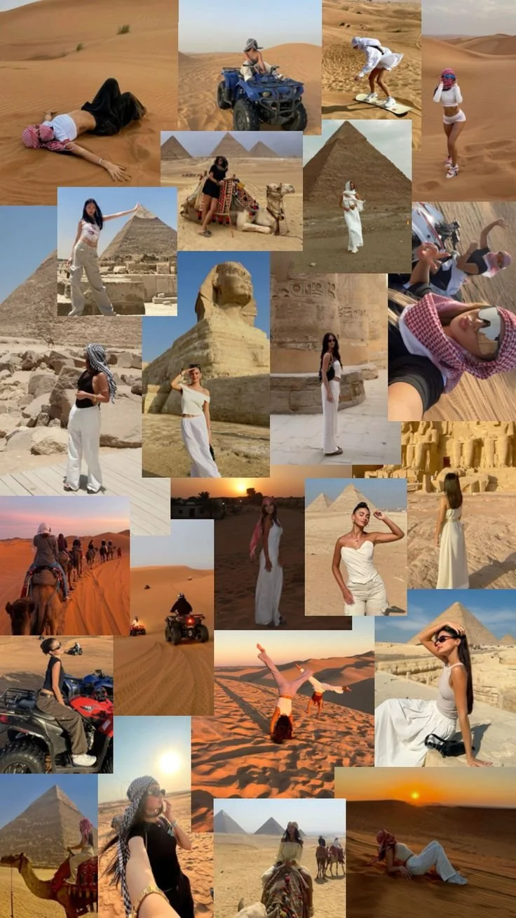 A collage of multiple photos featuring people in desert landscapes, including pyramids, riding camels and ATVs, and taking selfies. Some are dressed in white, others are in casual or traditional clothing, with desert sand dunes and pyramids visible in the background.