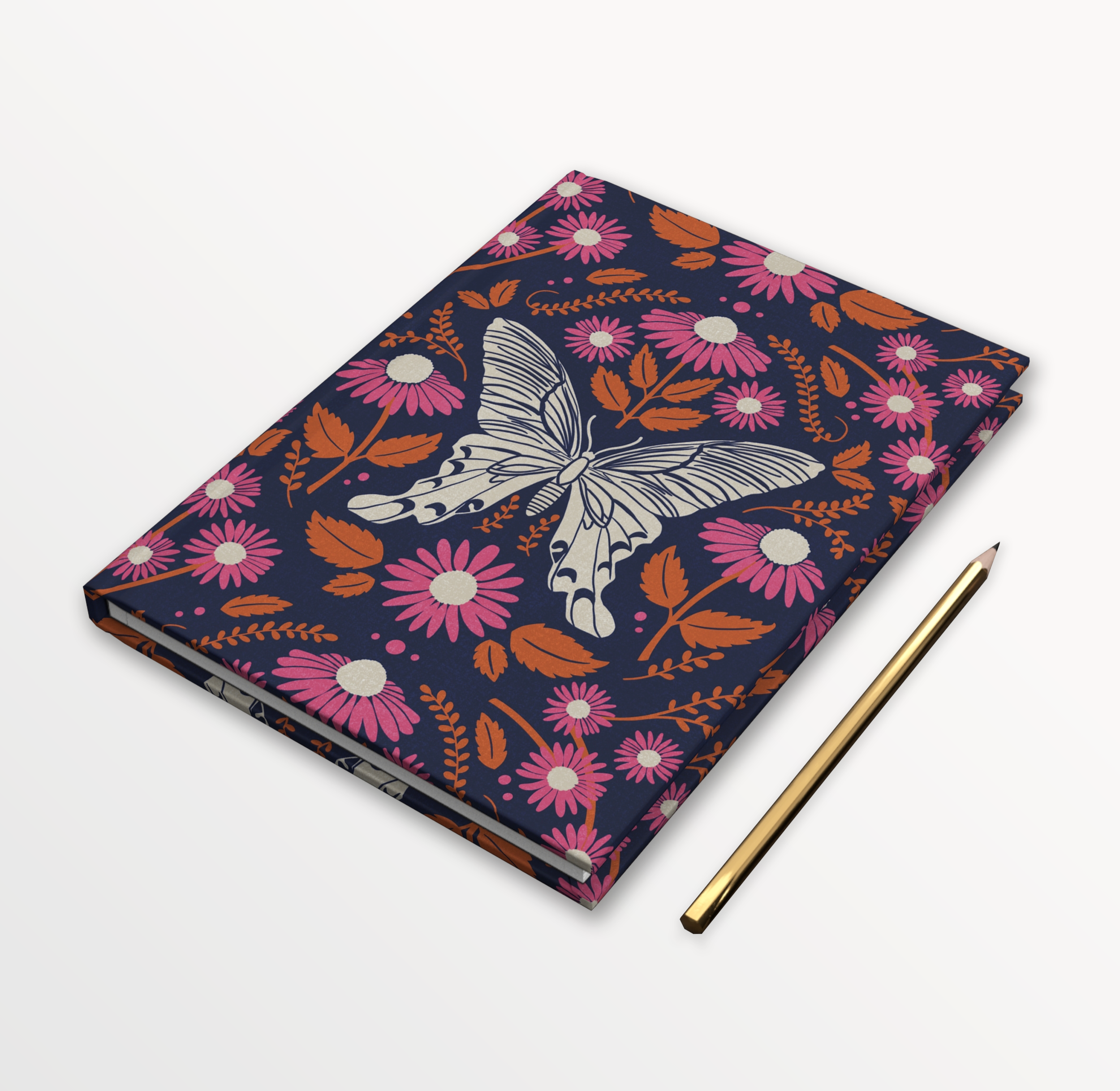 Folk Inspired Hardcover Journal Notebook with Hand Drawn Butterfly and Florals in a Blueberry Citrus Palette