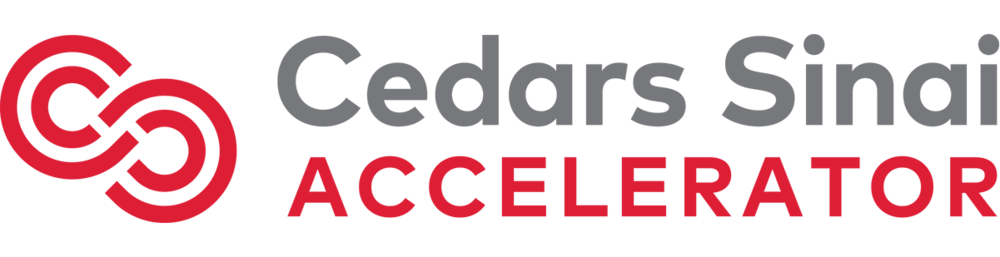 Cedar's Sinai Accelerator logo with a stylized red interconnectedfinity symbol and the words 'Cedars Sinai Accelerator' in gray and red text.