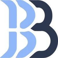 Abstract logo with stylized shapes in shades of blue and black.