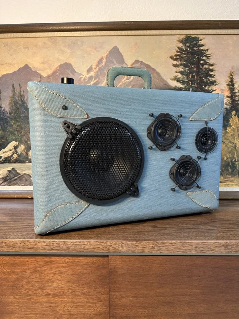 Vintage suitcase converted into a portable speaker with multiple audio components attached. It is placed on a wooden surface in front of a mountain landscape painting.