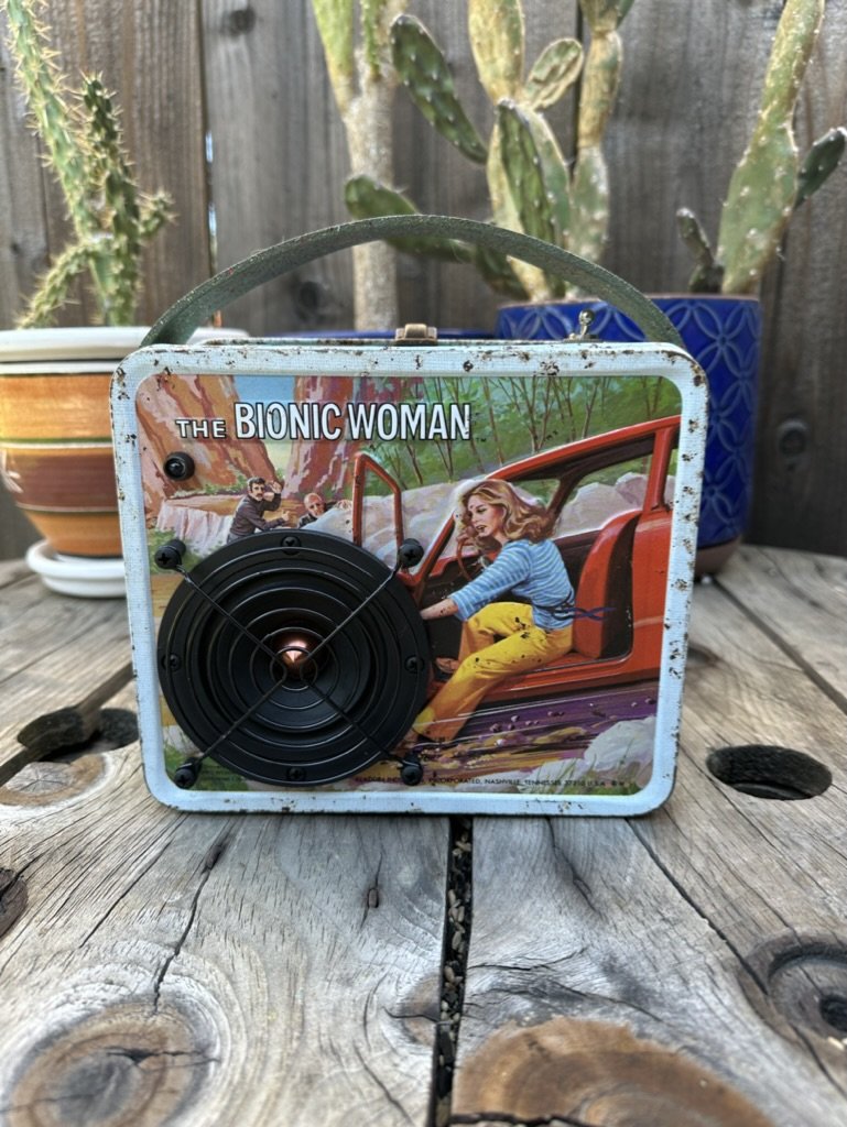 Retro portable radio with "The Bionic Woman" design on a wooden surface, surrounded by potted cacti.