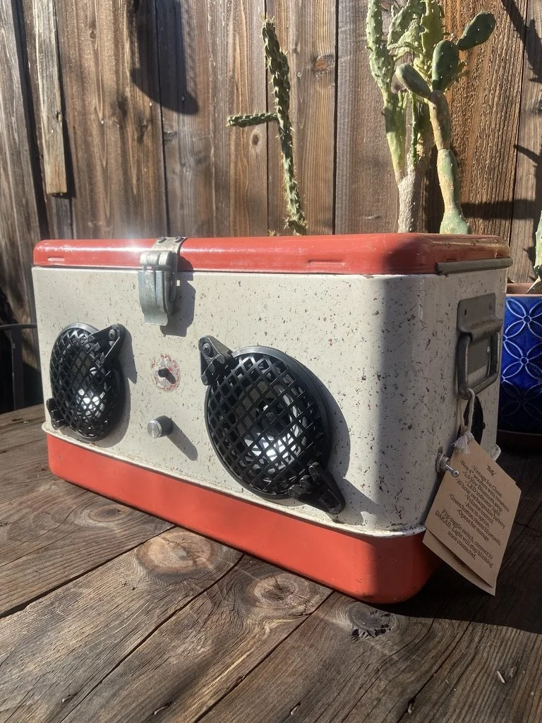 Vintage-style cooler with built-in speakers on a wooden surface, surrounded by cacti.