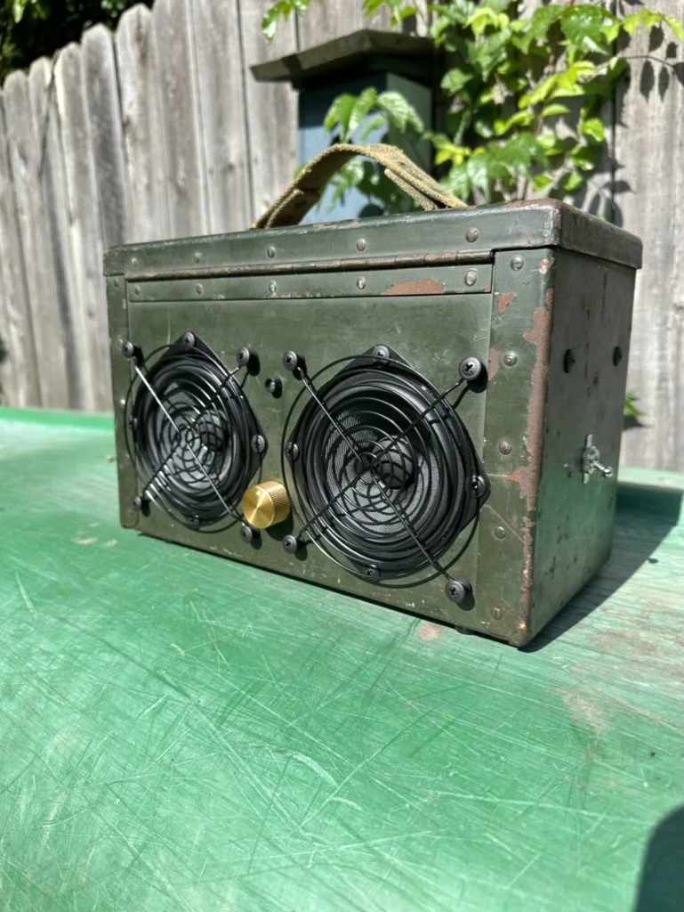 Vintage green metal box with two cooling fans, a gold knob, and a handle, outdoors on a green surface.