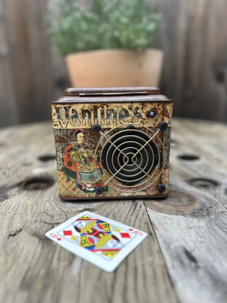 A rustic, vintage-style speaker with a retro design sits on a wooden surface, featuring decorative art and a playing card with a Queen of Diamonds motif in the foreground. A potted plant in the background adds a touch of greenery.