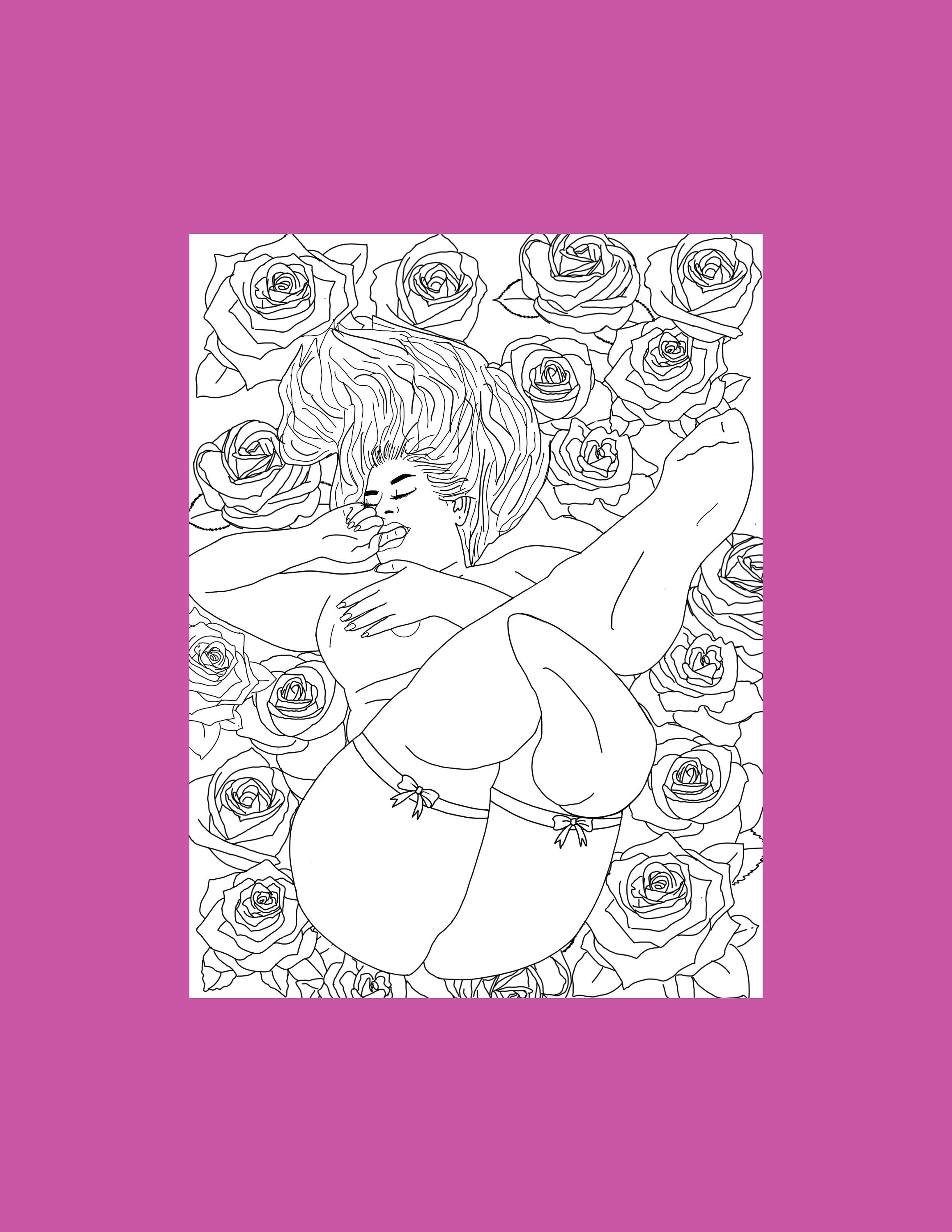 Roses erotic coloring pages, Digital art print, Plus size line art, Lingerie digital download, Sex Positive Bedroom decor, Adult coloring
