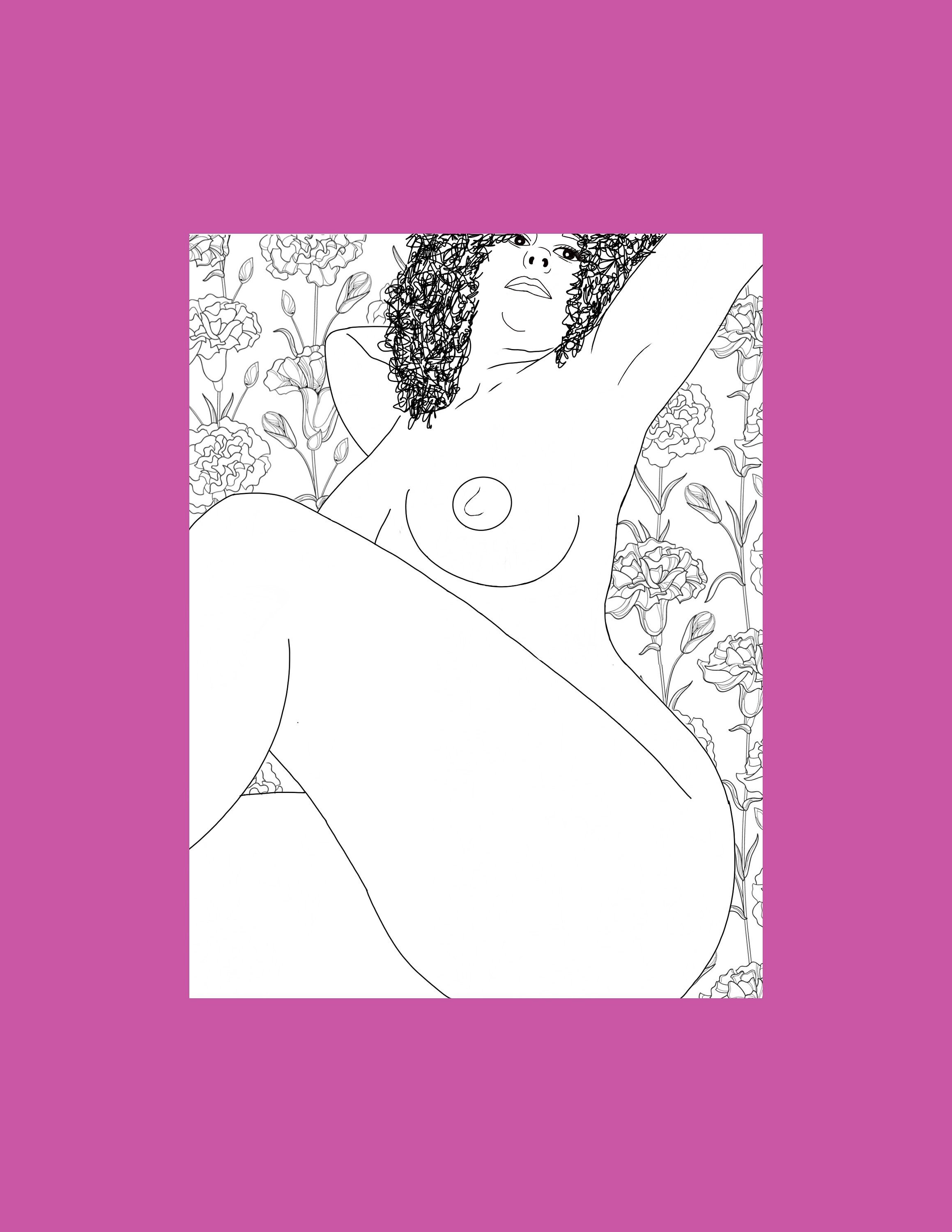 Flowers digital coloring page, Erotic art print, nude line art, boobs digital download, Sex Positive Bedroom decor, Adult coloring