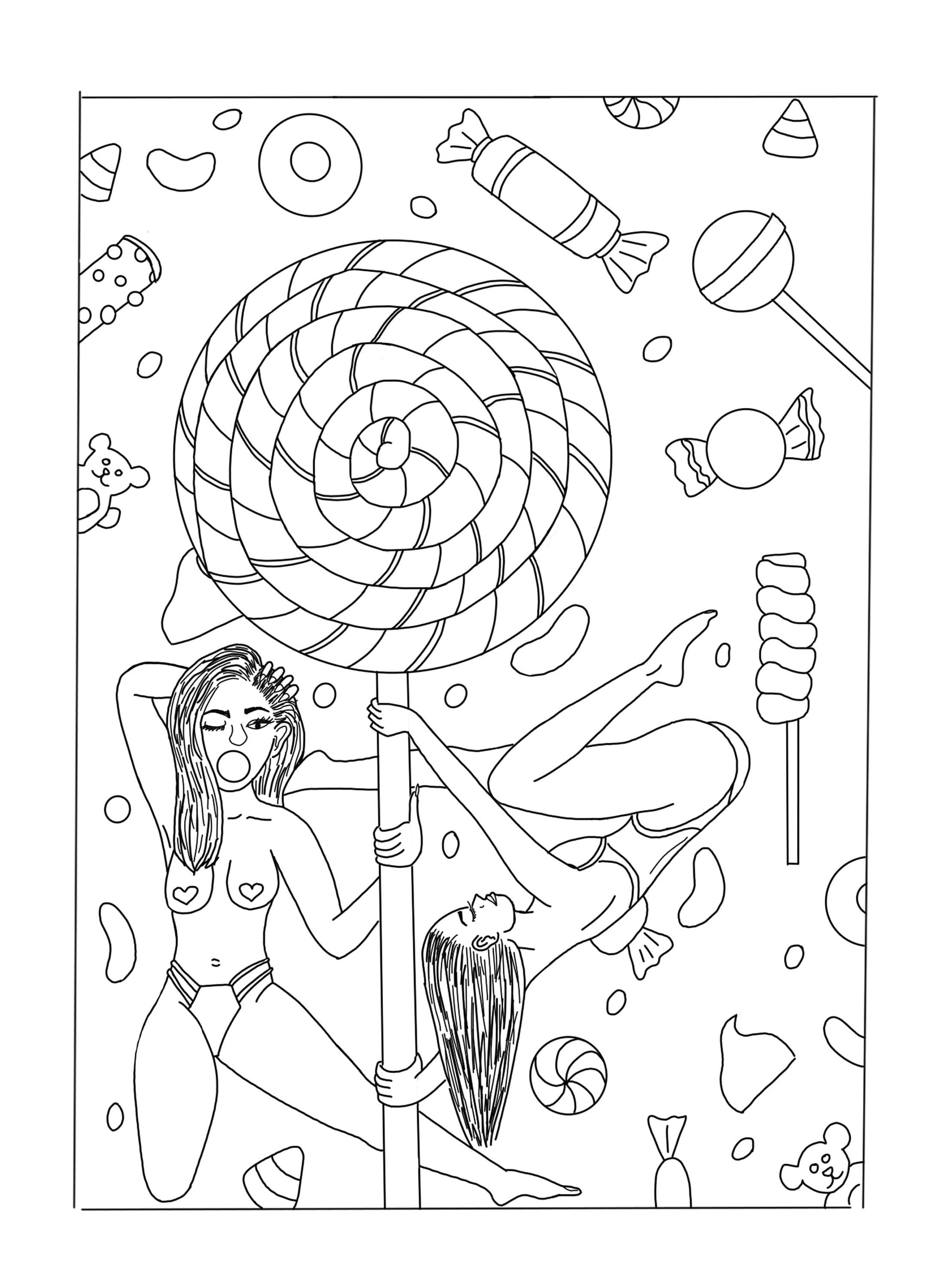 Sexy erotic coloring pages, Digital art print, candy line art, Stripper digital download, Sex Positive Bedroom decor, Adult coloring