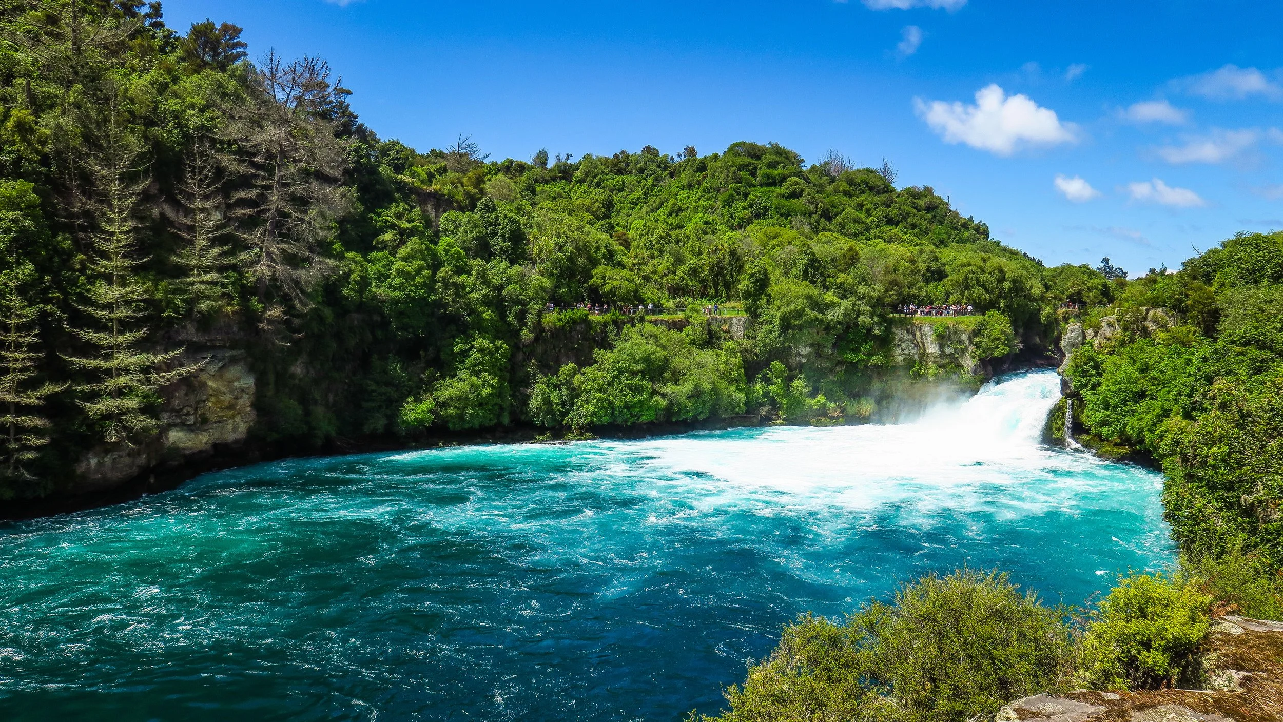 A scenic view of turquoise river water rushing through a lush green forest with a small waterfall in the distance and a clear blue sky overhead.