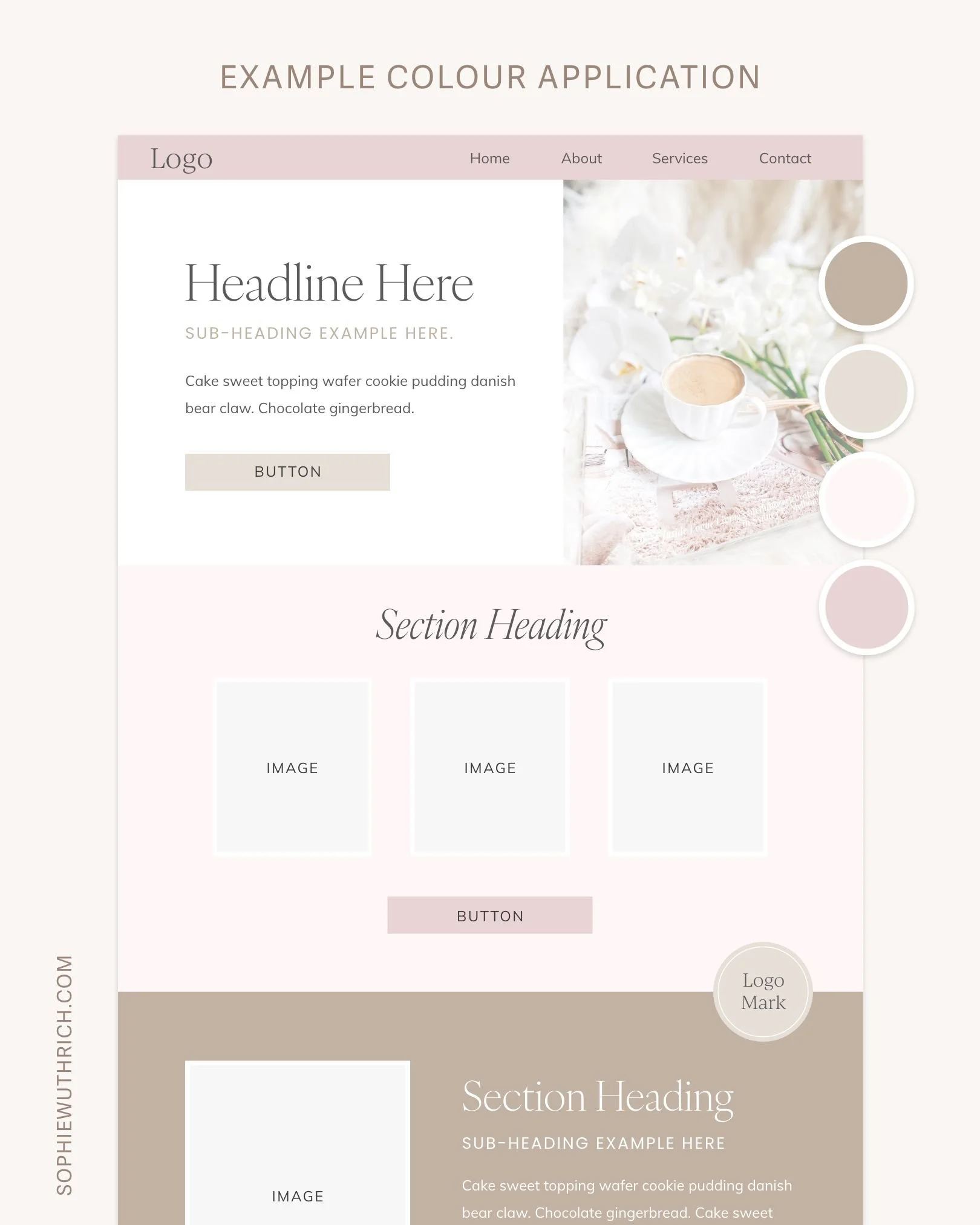 Soft pink and brown website design.