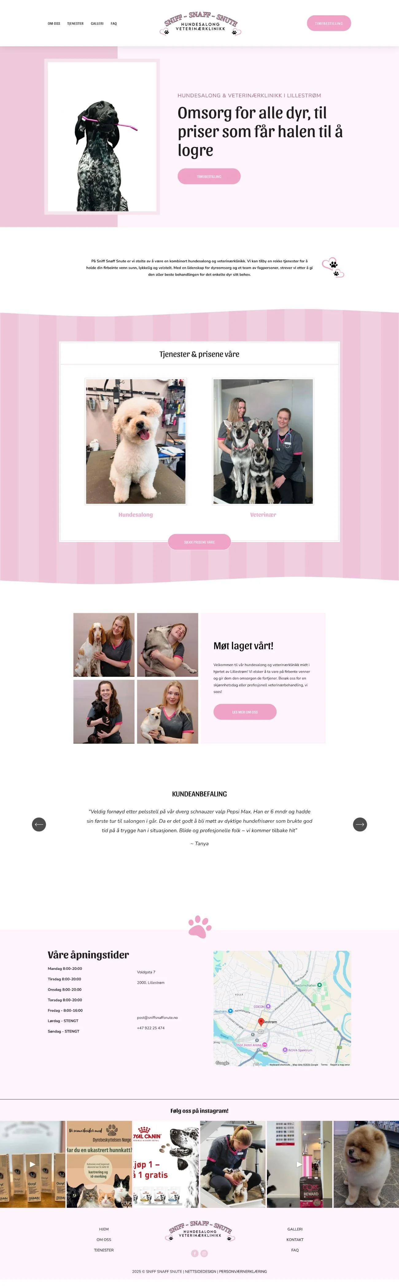 Home page design of Sniff Snaff Snute, cute pink dog salon and vet clinic.