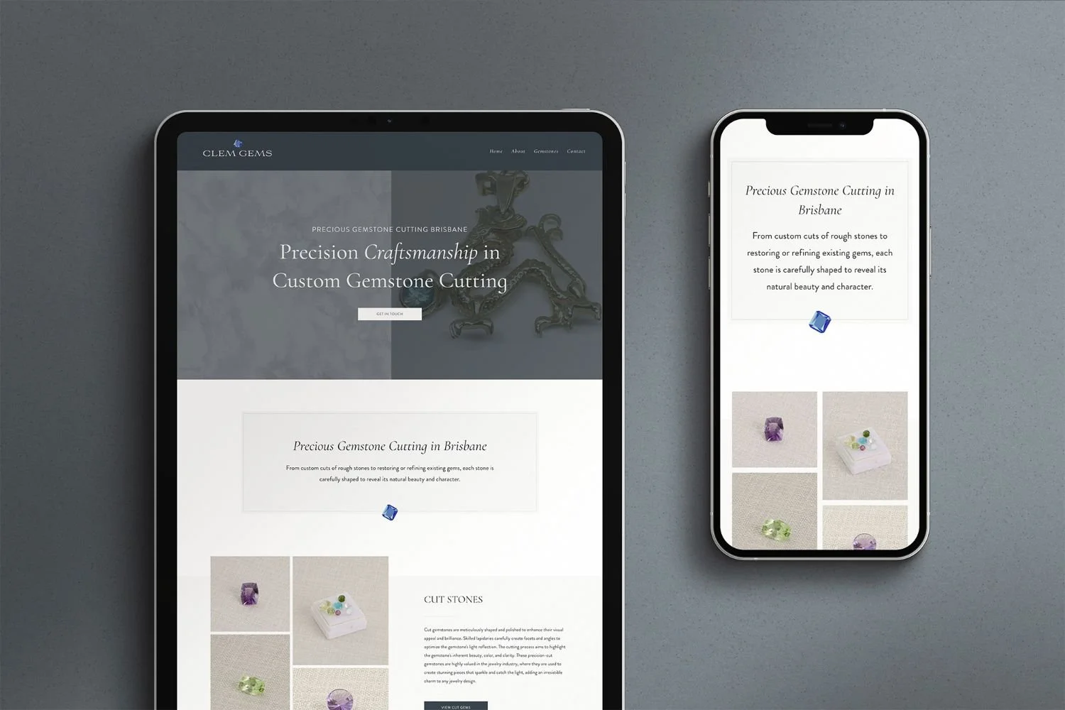 Classy and elevated website mockup for gemstone cutter home page design.