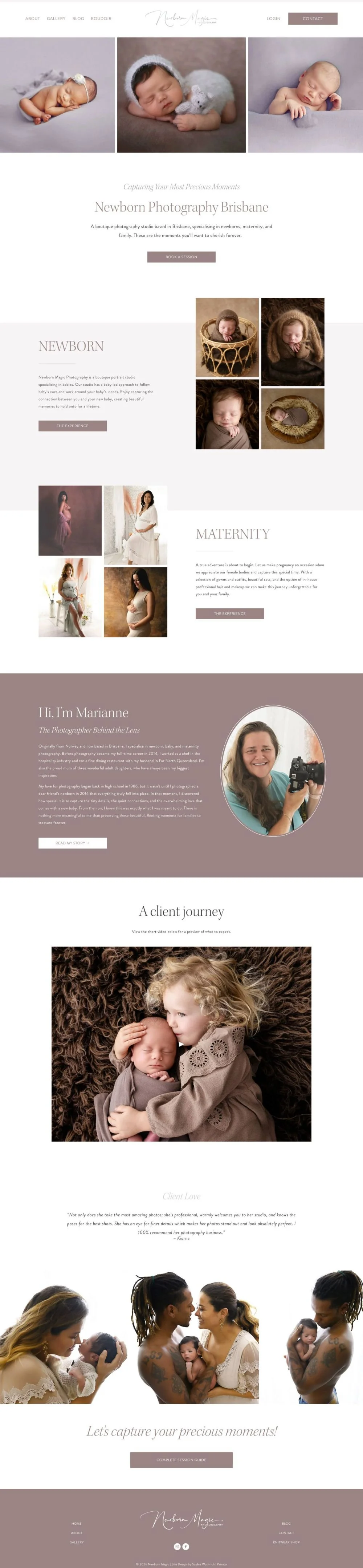 Light and airy homepage design for newborn and maternity photographer. White and lilac tones.