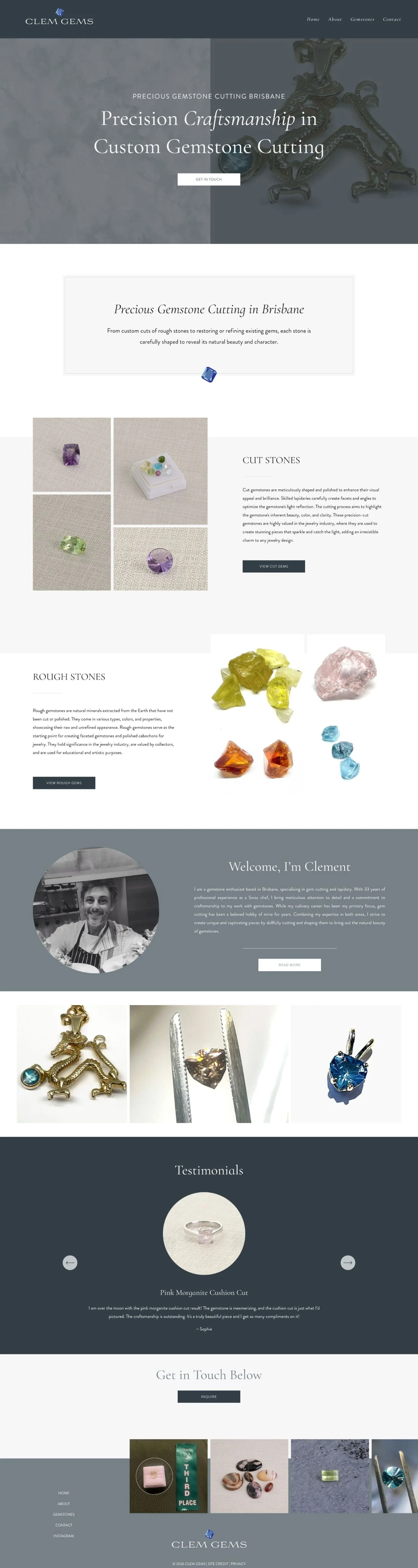 Classy and elevated website home page design for precious gemstone cutter, navy, white and grey colour theme.