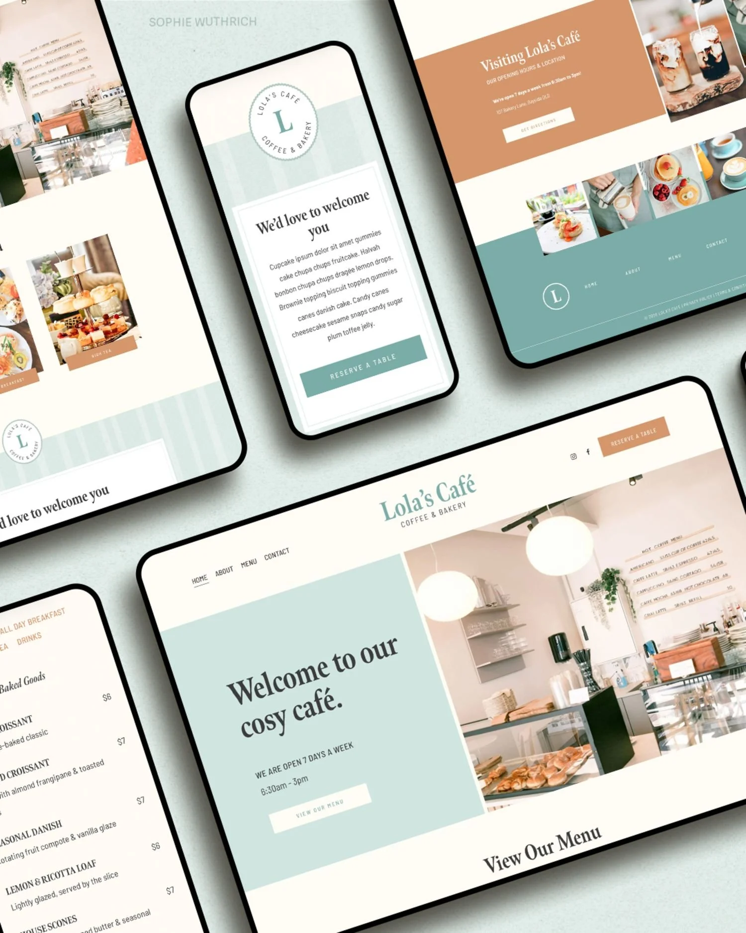 Multiple devices with cosy cafe website mocked up.