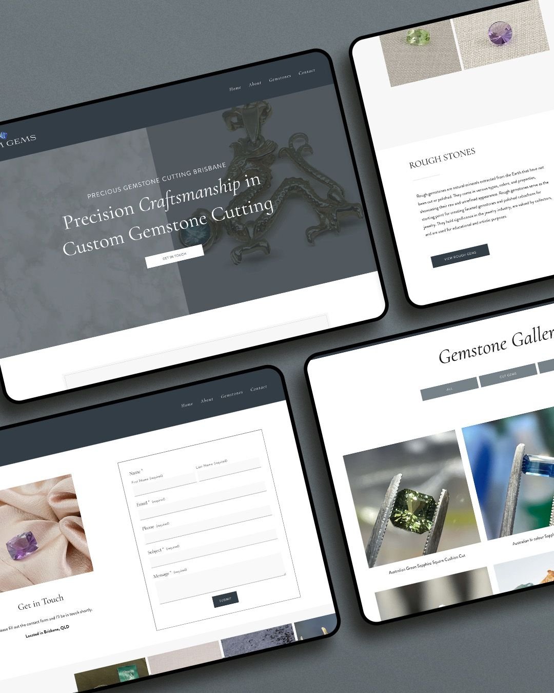 Polished website design mockup in tablet devices for gemstone cutter, navy, white, grey colour theme.