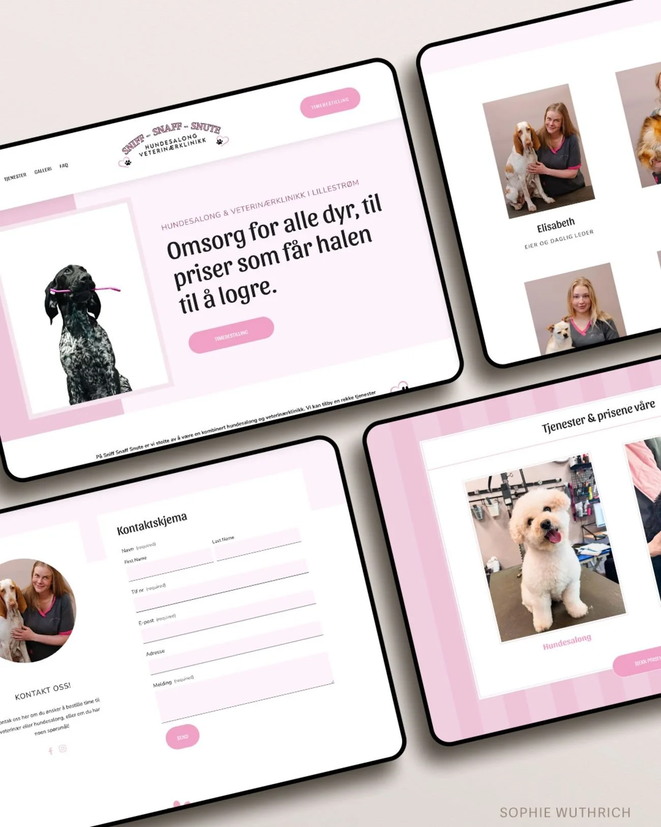 Tablet device mockup of cute pink vet clinic and dog salon website design.