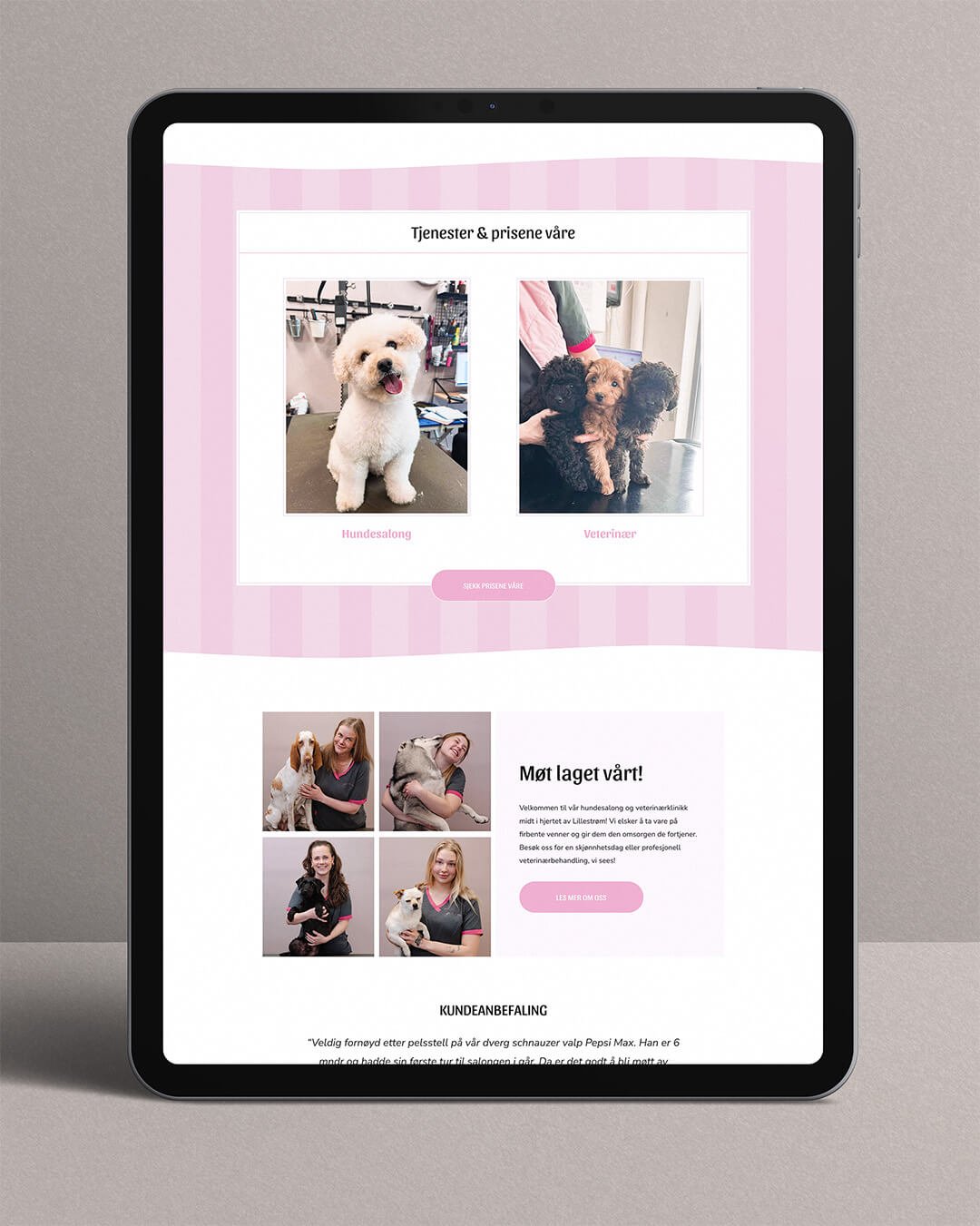 Modern tablet device mockup with dog salon and vet clinic website design.