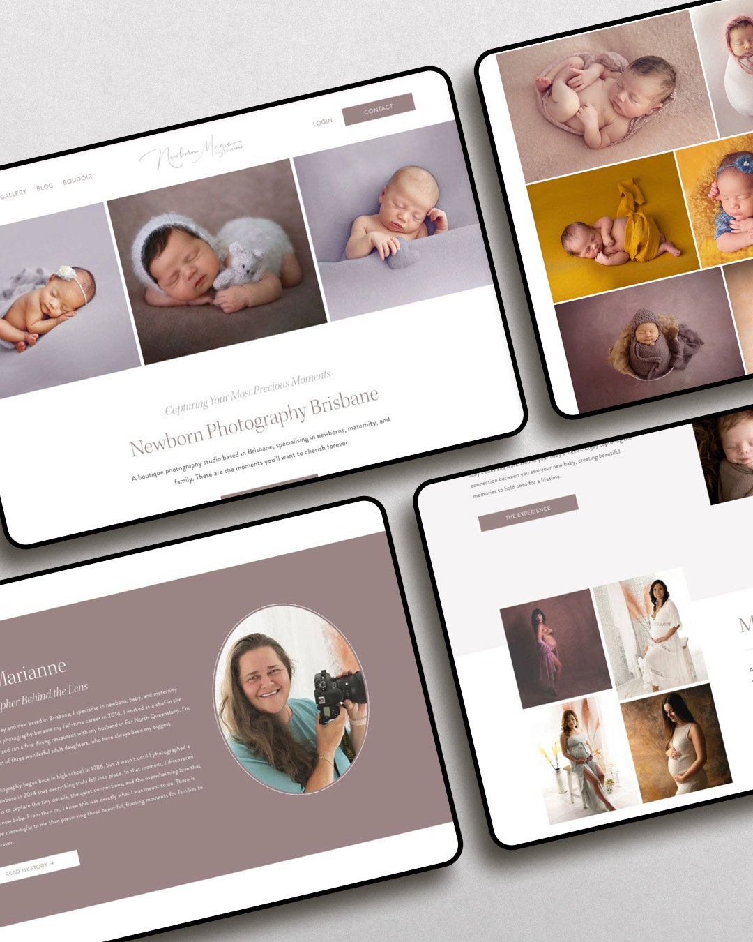 4 tablet devices showcasing newborn photpgraphy website design.