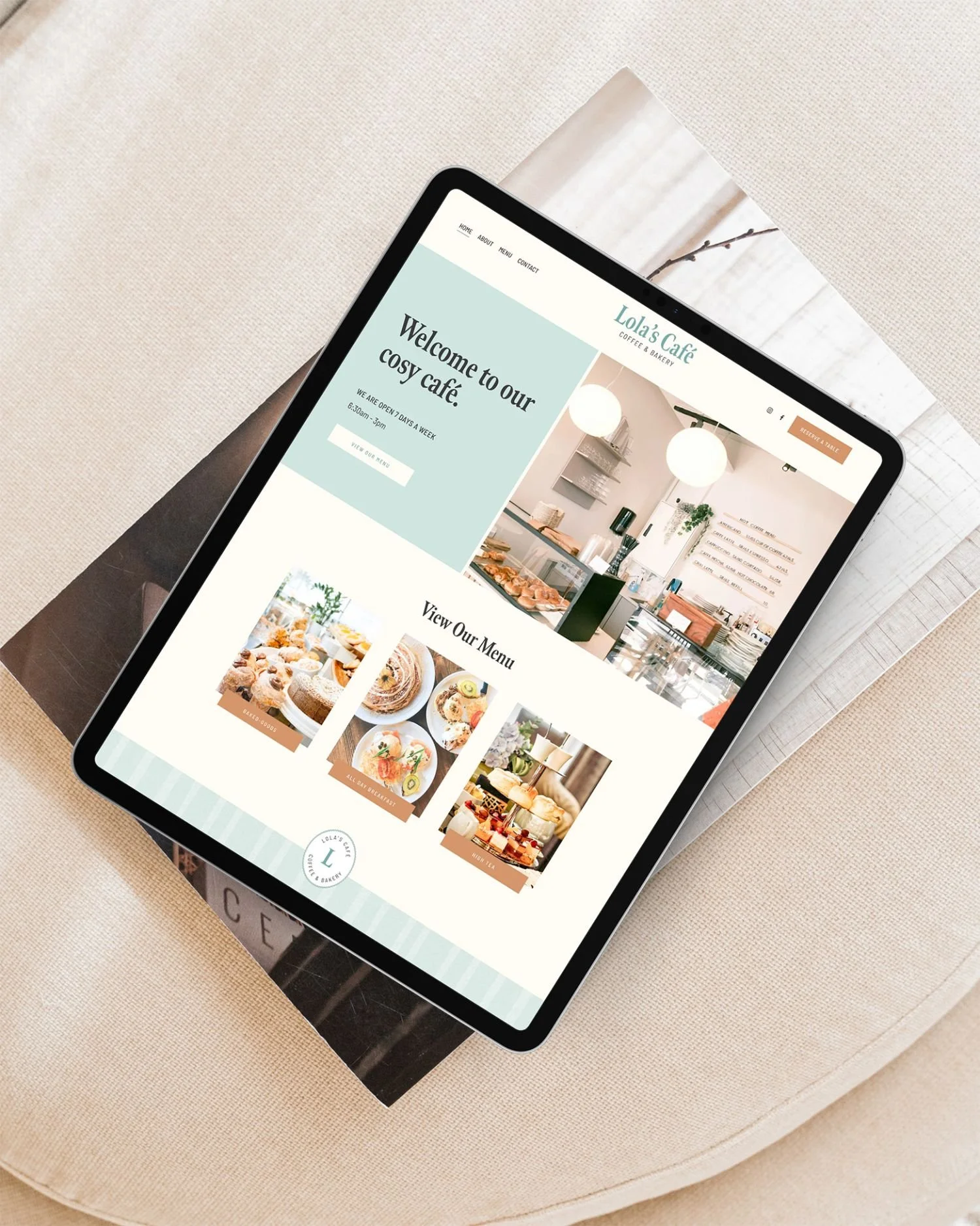 Soft blue, yellow themed cafe and bakery website design in modern tablet on beige textured couch.