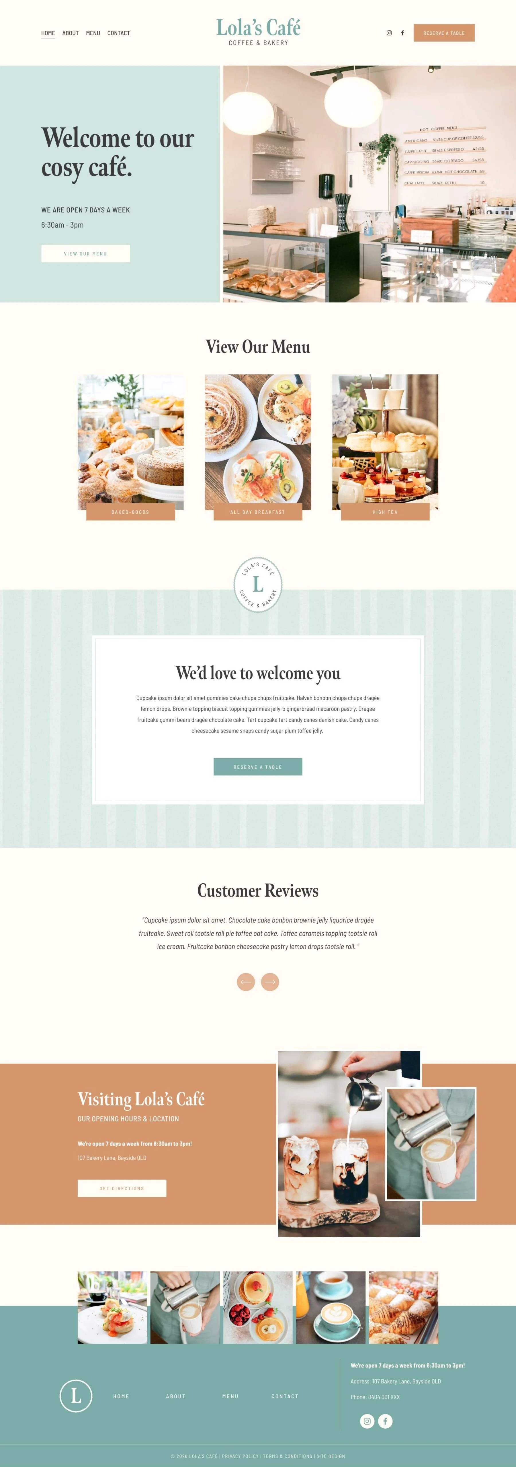 Home page design of a cosy cafe. Blue, cream and orange colour palette.