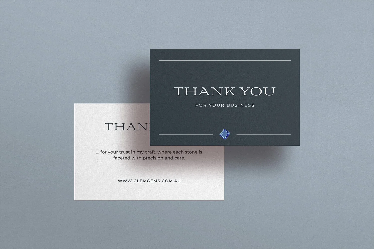 Classy textured thank you card for gem stone cutter, navy and white colour theme.