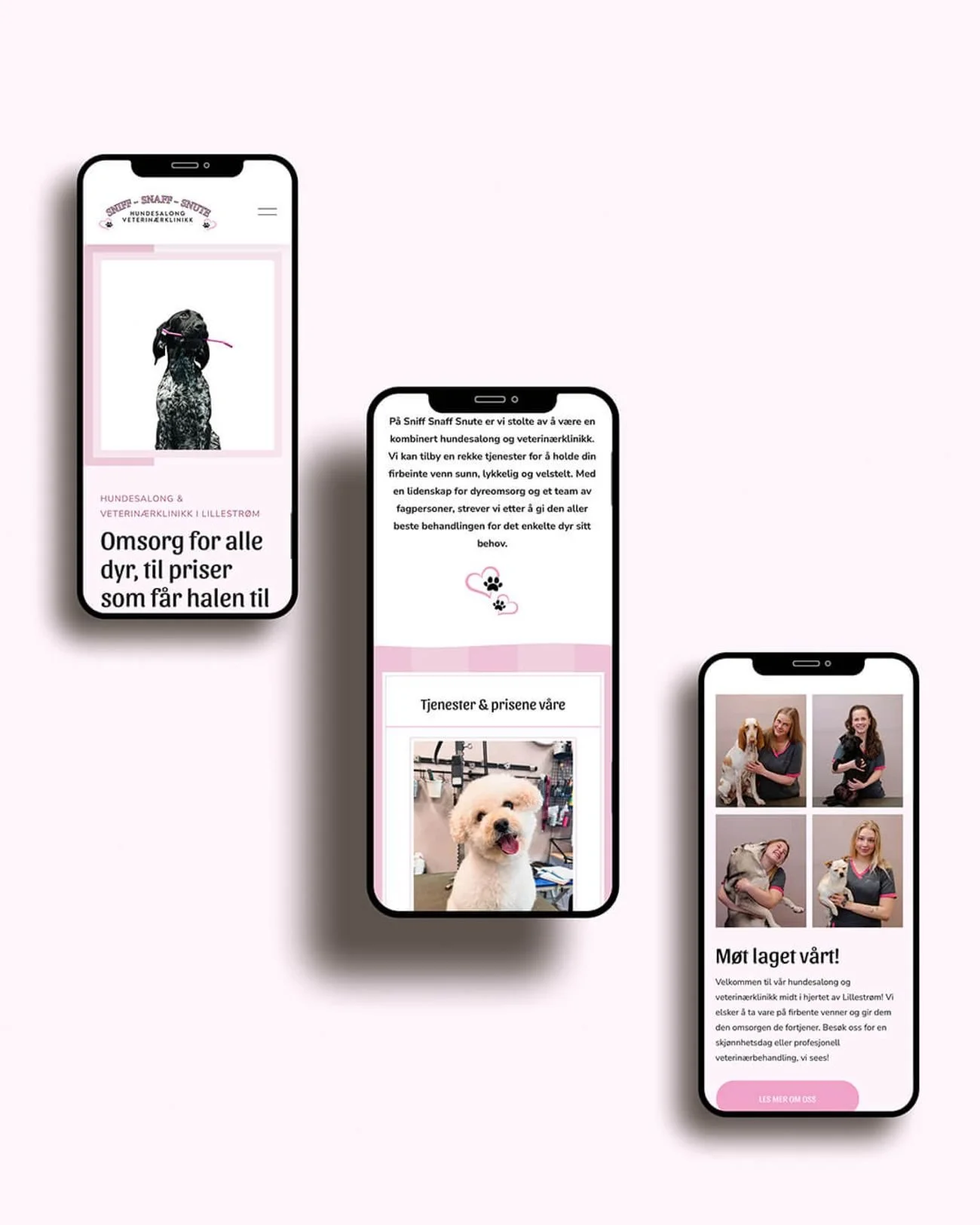 Three floating mobile device mockups of pink cute dog salon and vet clinic website design.
