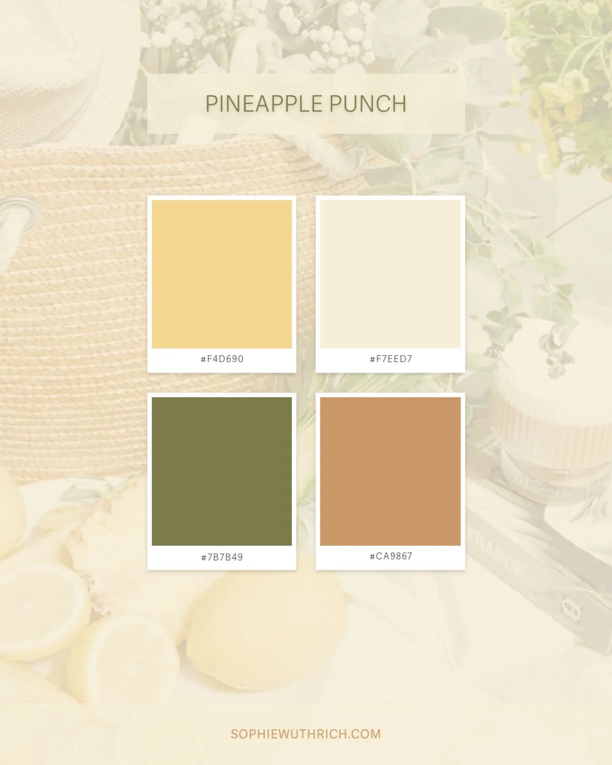 Colour palette with soft yellows, creams, and greens.