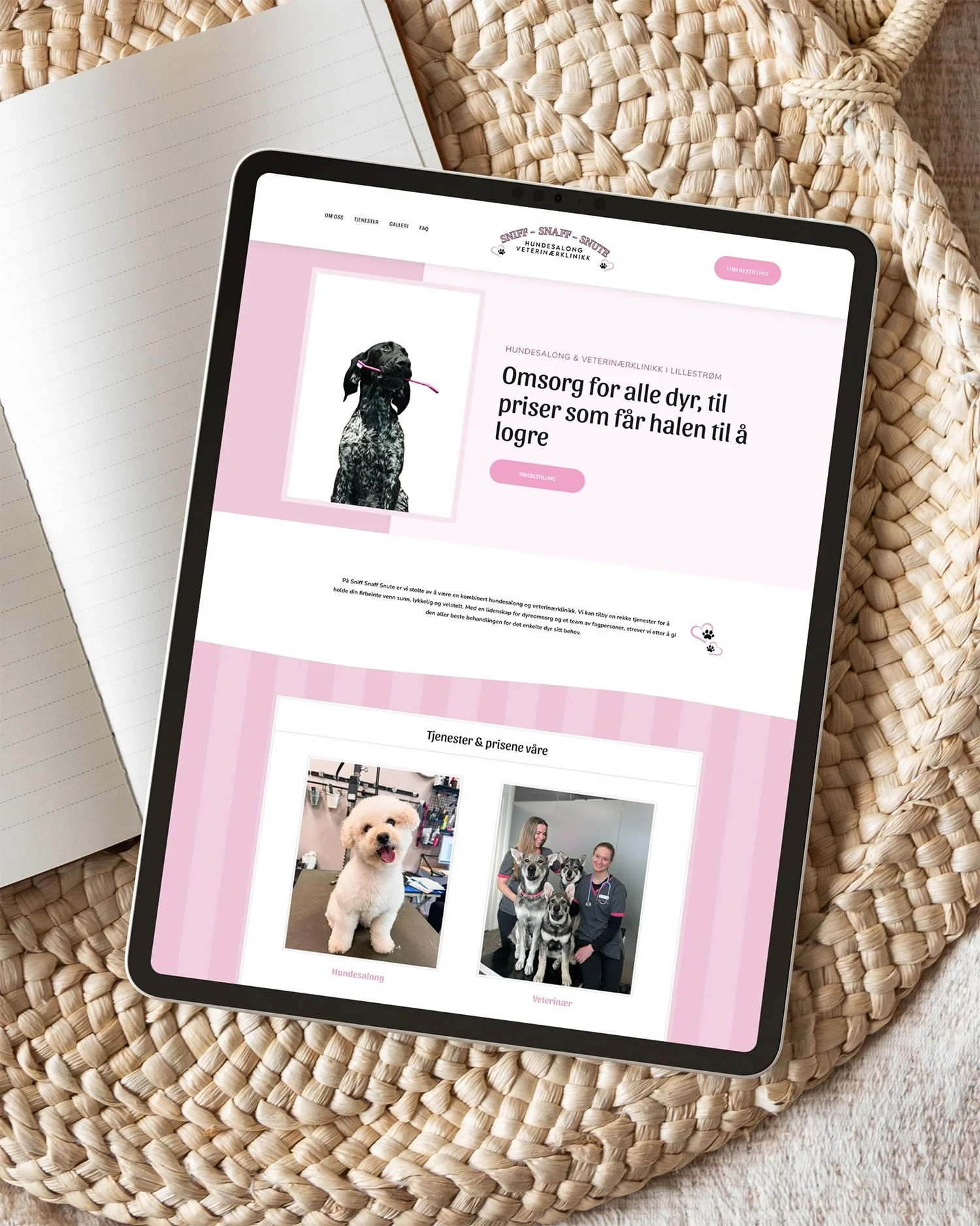Modern iPad on textured background with pink cute dog salon and vet clinic website design mock up.