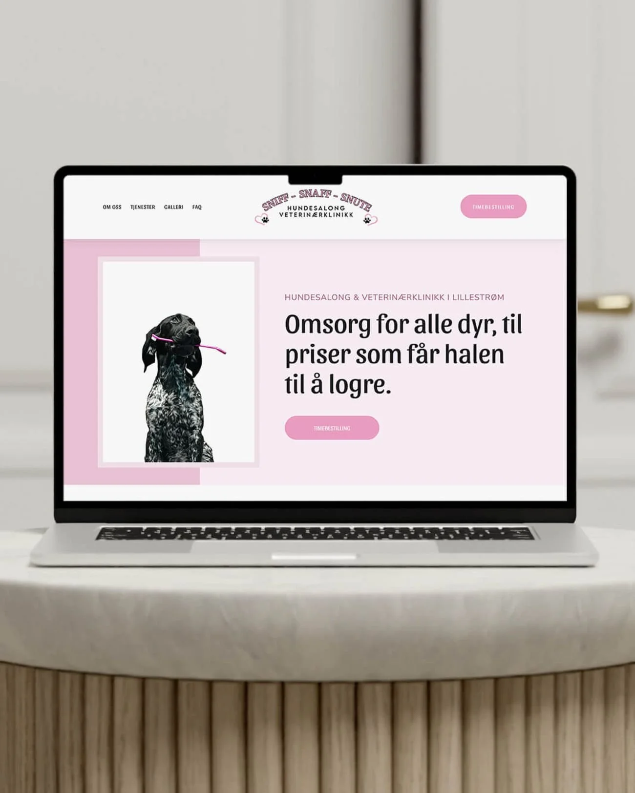 Laptop device mockup of cute pink dog salon and vet clinic website design.
