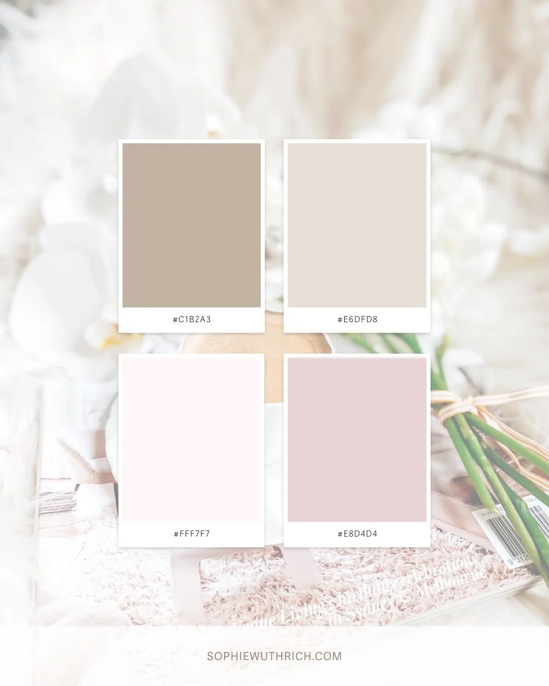 Four colour palette cards layered over pink floral, coffee image.