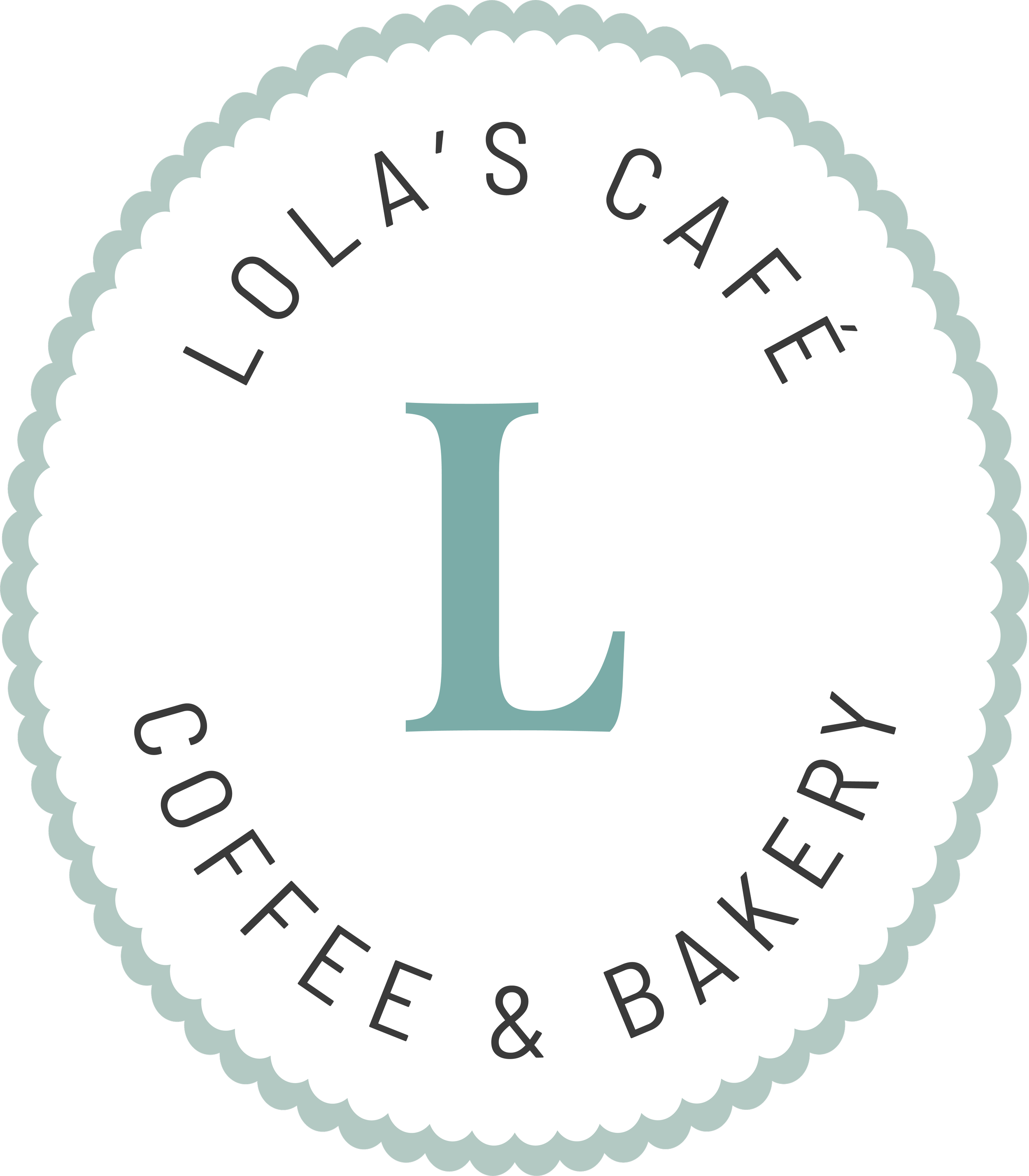 Lola's Café submark logo design, scalloped blue oval shape.
