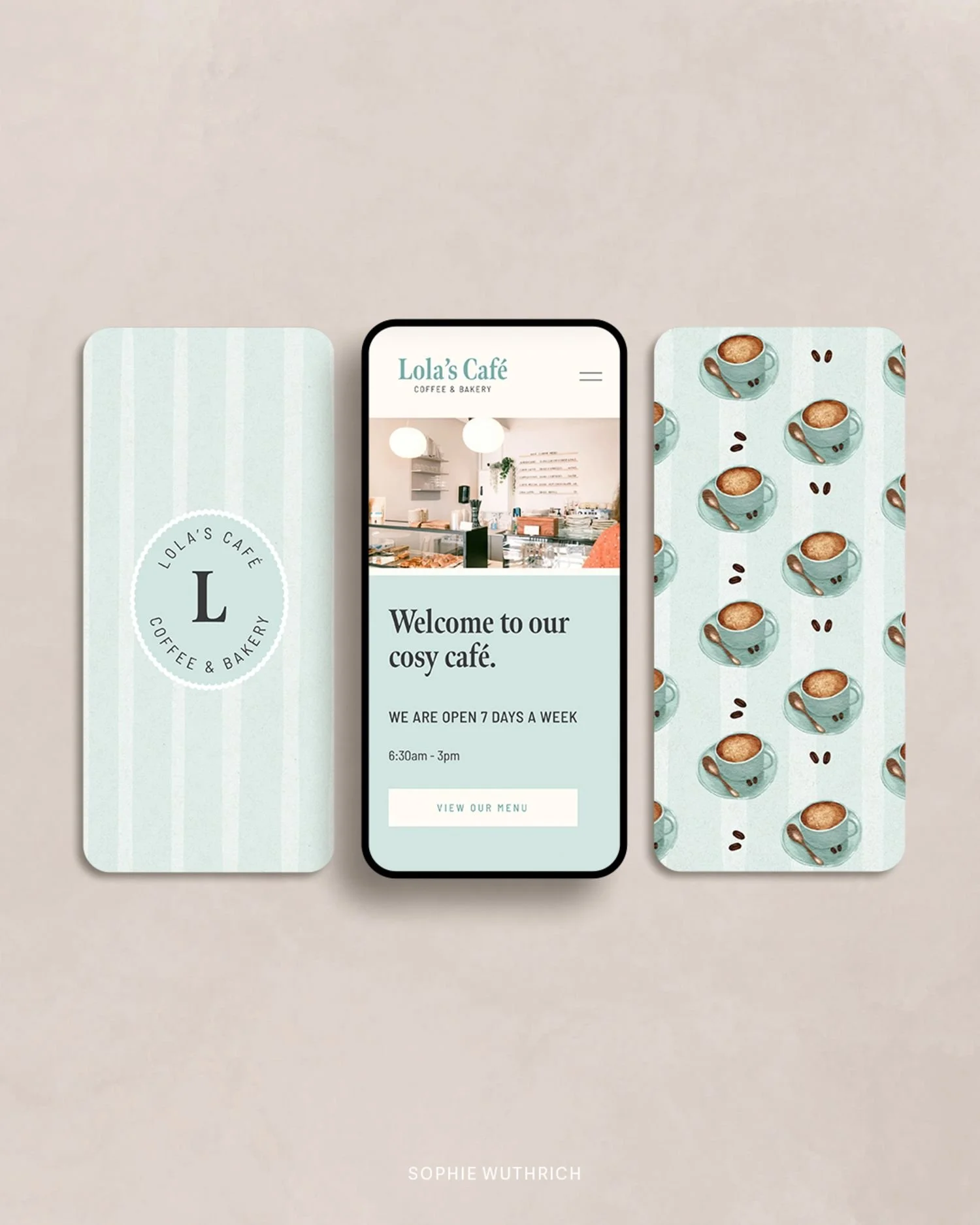 Brand and website mockup on mobile device for cosy cafe. Coffee watercolour illustration pattern.
