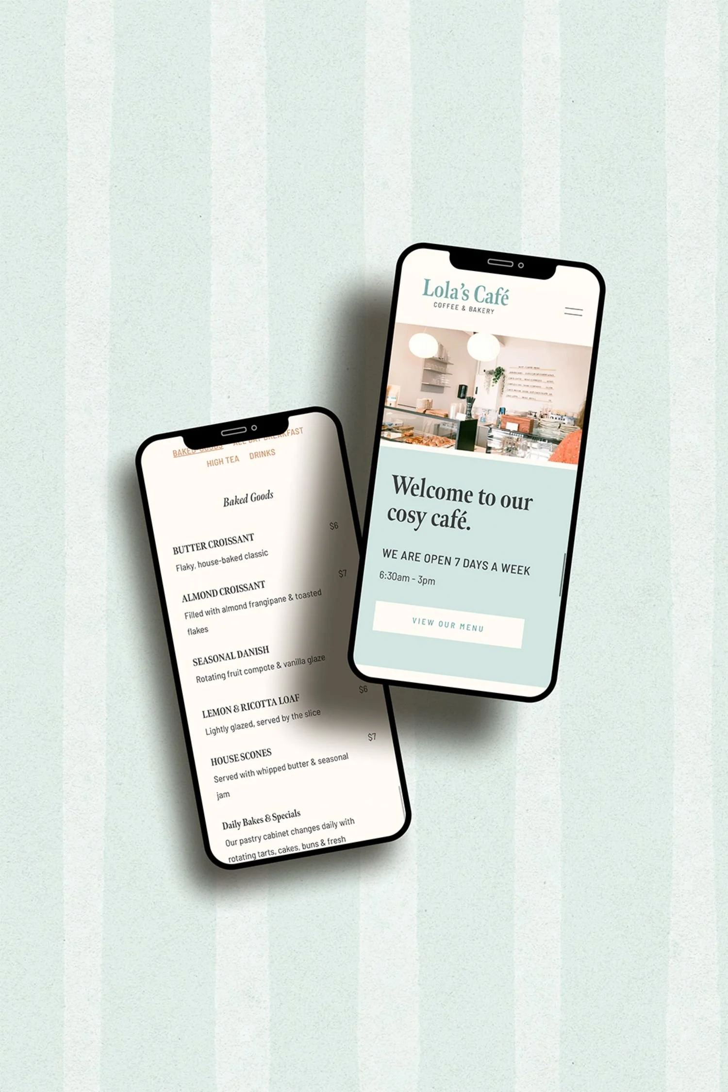 Mobile website mockup of cosy cafe, floating mobile device mockup.