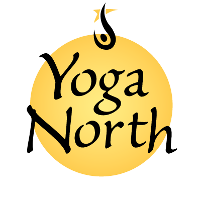 Logo for Yoga North featuring a yellow circle with black text.