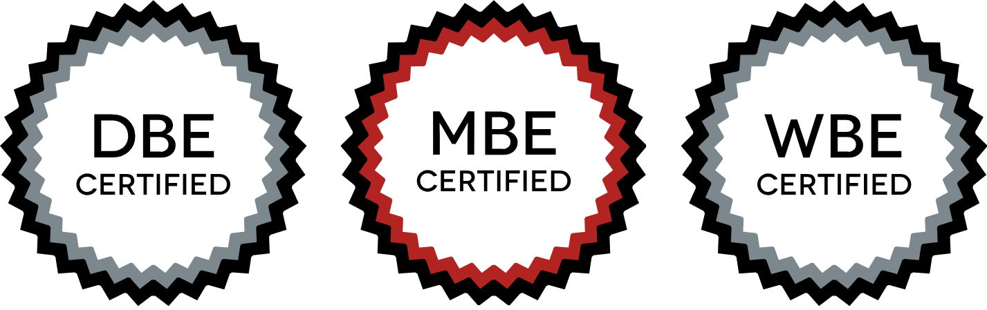 Three circular emblems reading DBE Certified, MBE Certified, and WBE Certified.