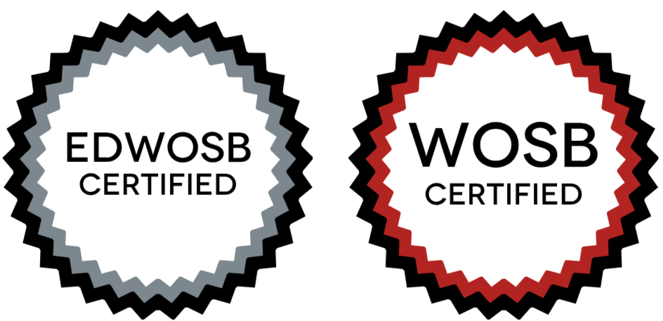 Two circular serrated badges labeled EDWOSB CERTIFIED and WOSB CERTIFIED.
